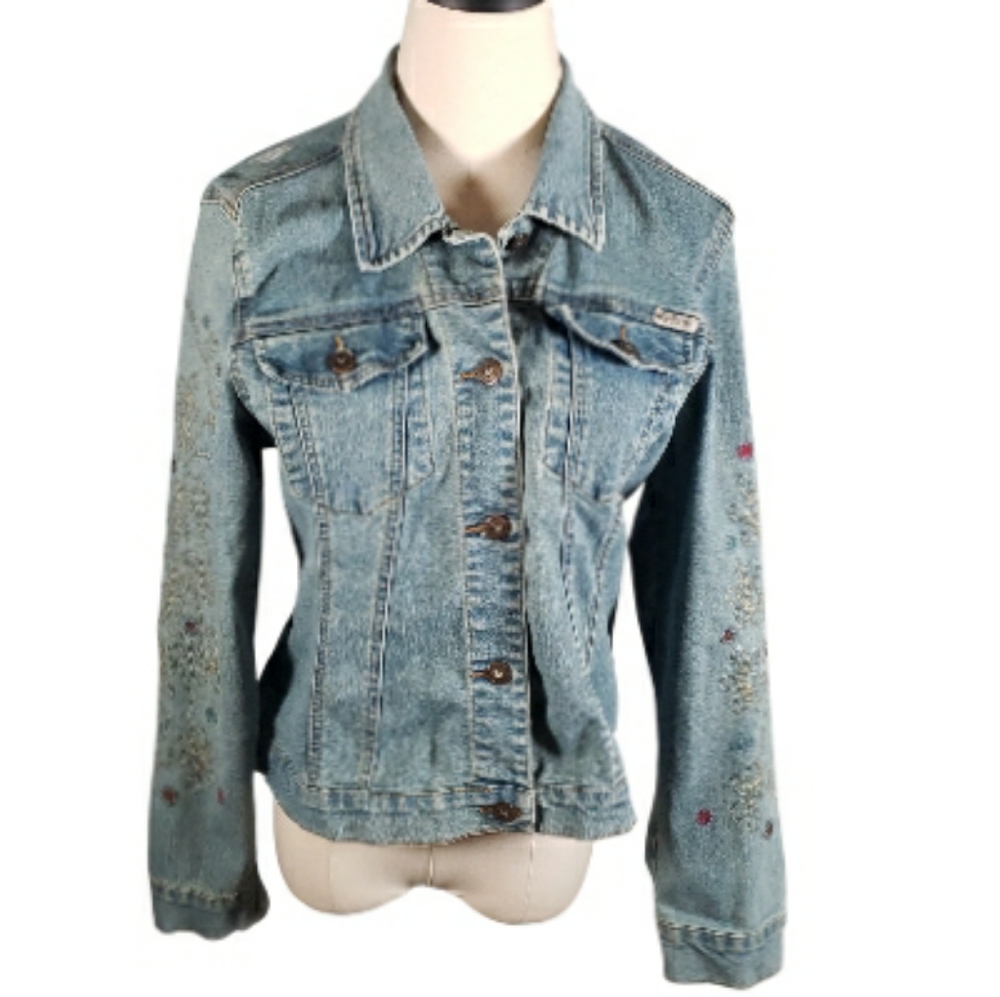 Vintage Max Studio Y2K Denim L Trucker Jacket Delicate Embroidered Sleeves Boho